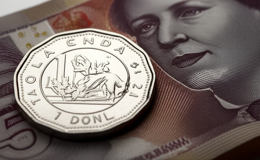 Close-up, high-resolution image of Canadian currency, featuring a one-dollar coin (loonie) and a five-dollar banknote, showcasing intricate details and textures.