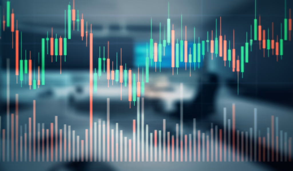 Realistic candlestick chart displaying stock market data with green and red candles, volume bars, and price axis for financial analysis and trading.