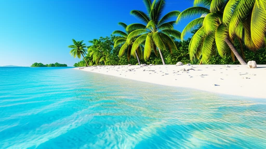 A serene Caribbean beach with crystal-clear turquoise water, soft white sand, and lush green palm trees under a bright blue sky, embodying a perfect tropical vacation spot.