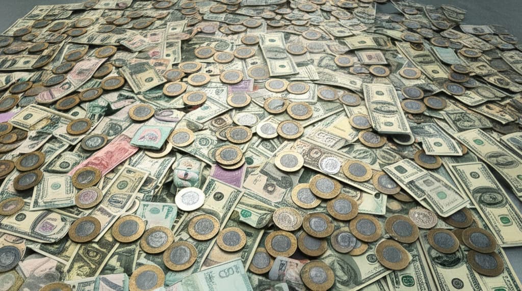 A large, realistic pile of diverse currency banknotes and coins, symbolizing wealth, abundance, and financial success. High resolution image of a substantial cash stack.