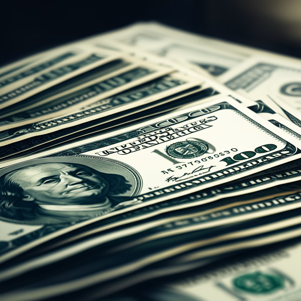 Close-up of a stack of crisp, new cash bills with visible security features, ultra-realistic and high-quality.