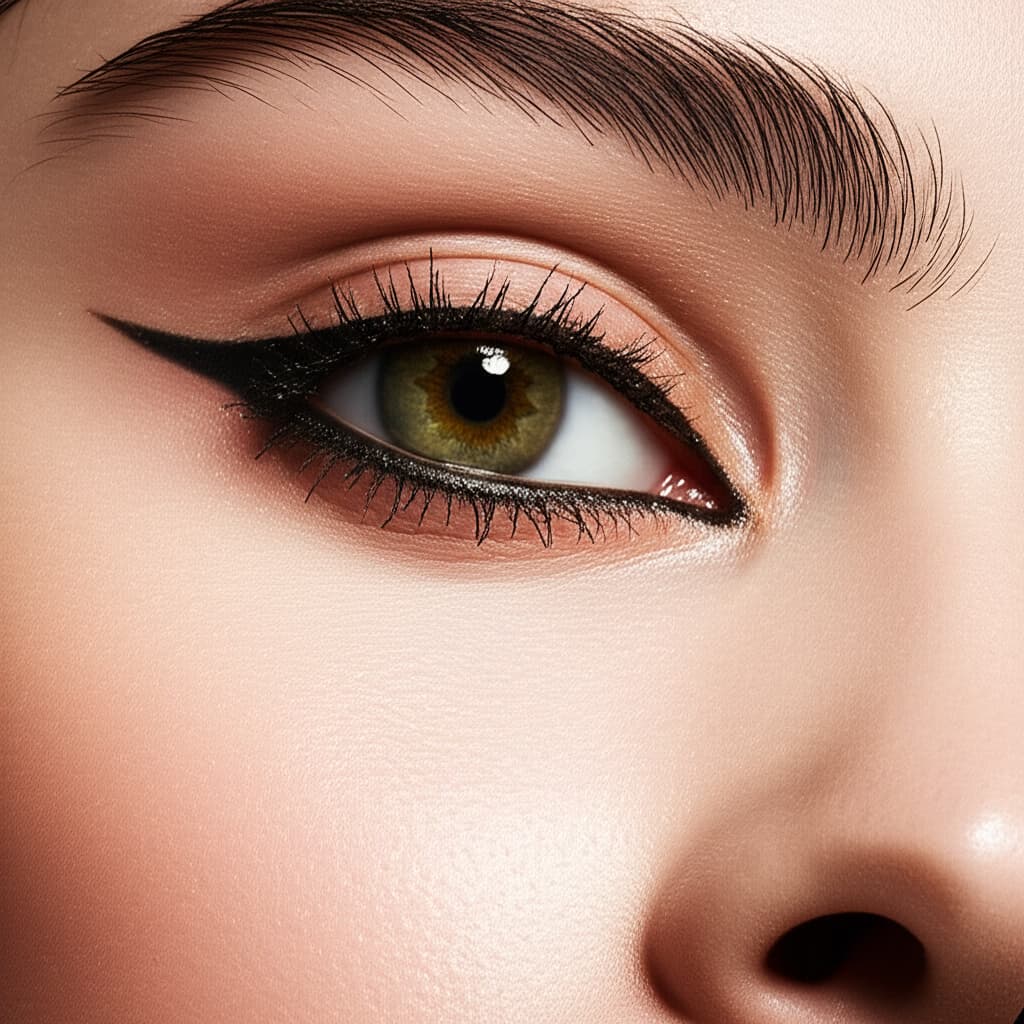 Close-up image of natural cat eye makeup with a perfectly winged eyeliner, showcasing detailed beauty and precision application tutorial.
