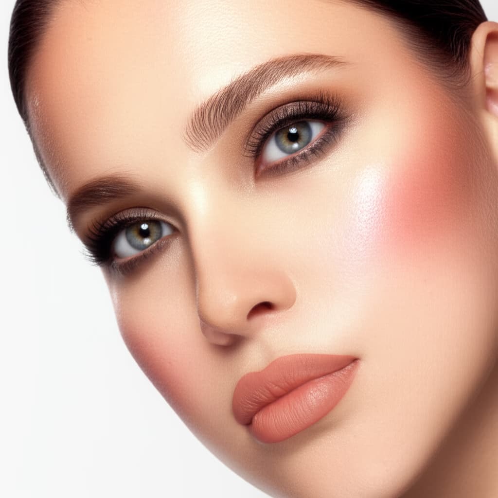 Close-up portrait of a woman with a natural, elegant celebrity makeup look, featuring soft smokey eyes and nude lips, inspired by red carpet beauty trends.