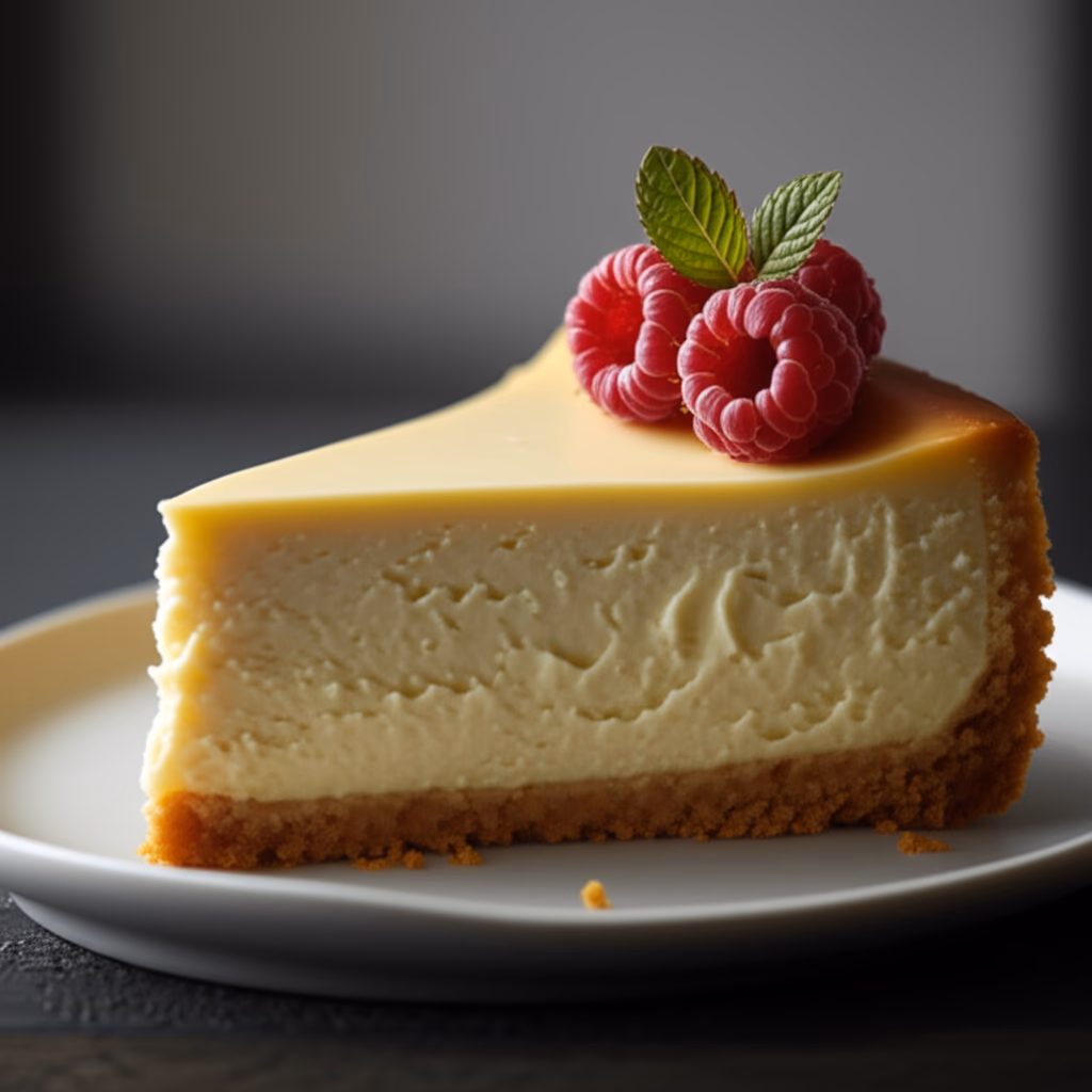 A close-up, high-quality, realistic image of a slice of classic New York cheesecake topped with fresh raspberries and mint on a white plate.