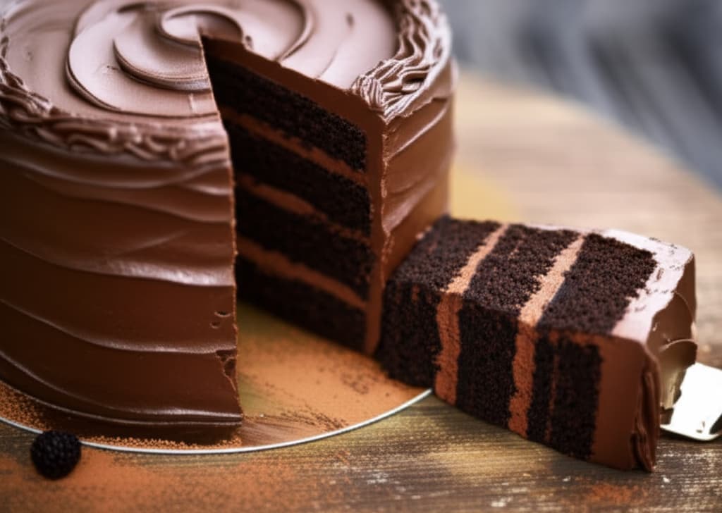A close-up of a rich, fudgy chocolate layer cake with smooth chocolate ganache frosting, a slice removed revealing moist cake, sitting on a wooden surface.