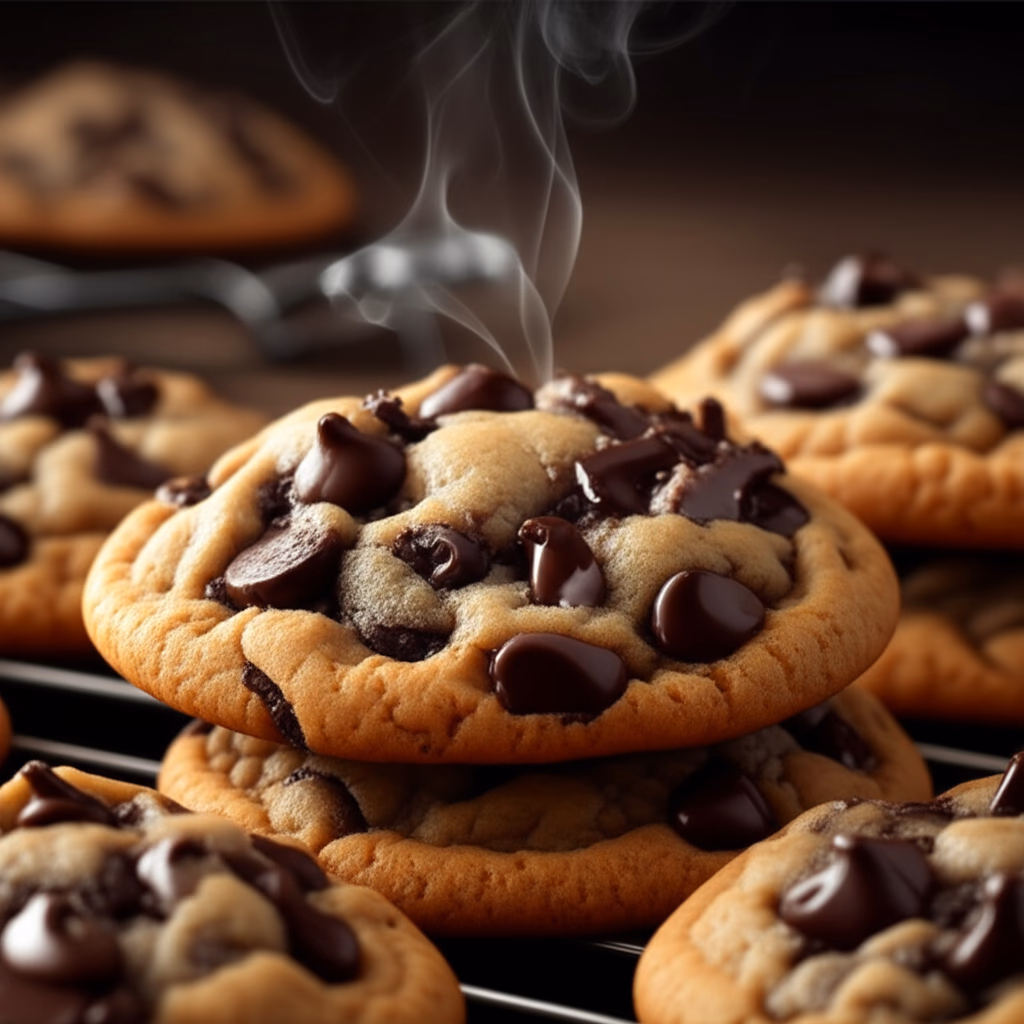 Close-up of warm, gooey chocolate chip cookies on a cooling rack, showcasing melted chocolate chips and golden-brown edges. Perfect for a delicious dessert or snack.