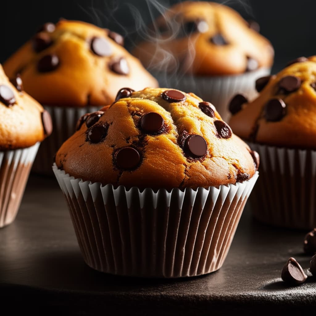 Close-up of warm, freshly baked chocolate chip muffins with abundant melted chocolate chips on a rustic wooden board, ready to be enjoyed.