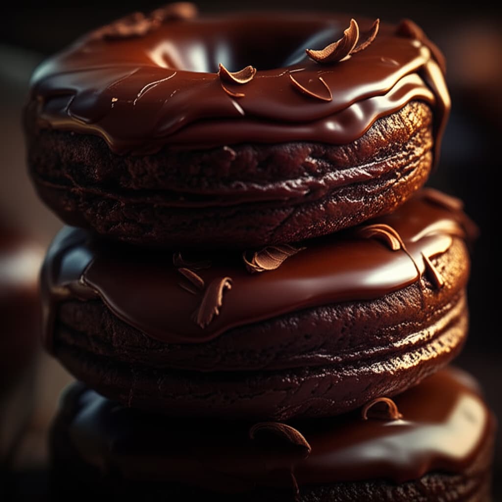 Close-up of three freshly baked chocolate donuts stacked on a light surface, featuring rich dark chocolate glaze and a soft, fluffy texture. Perfect sweet treat.