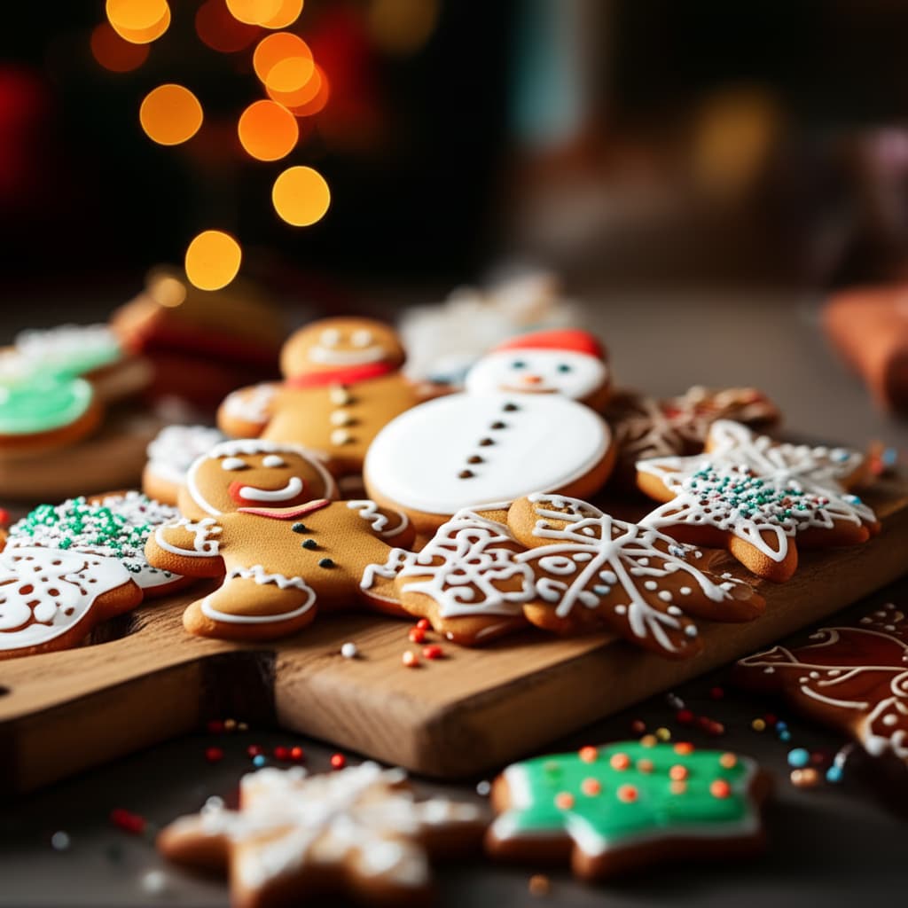 Close-up of a variety of freshly baked and meticulously decorated Christmas cookies, including gingerbread men, sugar stars, and frosted snowflakes, artfully arranged on a festive holiday platter with soft background lighting.