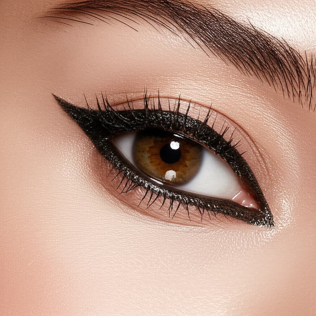 Close-up of a stunning eye with a perfectly applied classic winged eyeliner, featuring a sharp black line and an elegant flick, enhancing the eye's shape.