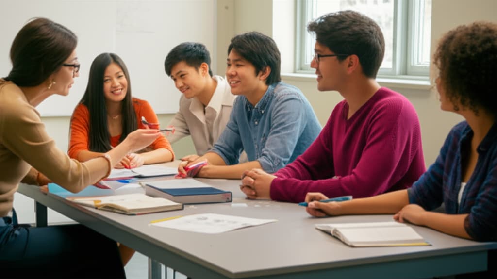 Group of diverse students and a teacher having an engaging classroom discussion, demonstrating active learning, critical thinking, and collaborative interaction in an educational setting.