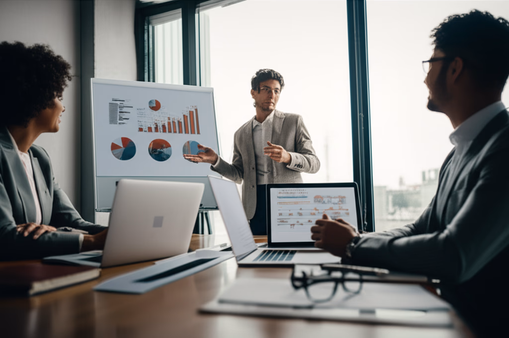 A diverse group of business professionals in a modern office, actively engaged in a client meeting, showing collaboration, discussion, and attentive listening. High-quality realistic image.