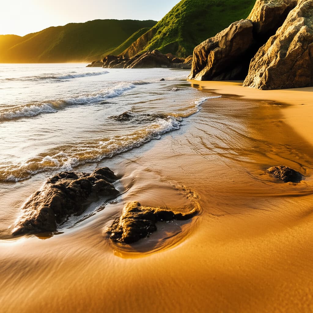 Panoramic coastal view with gentle waves, golden sand, and distant cliffs under a clear sky, showcasing natural ocean beauty.