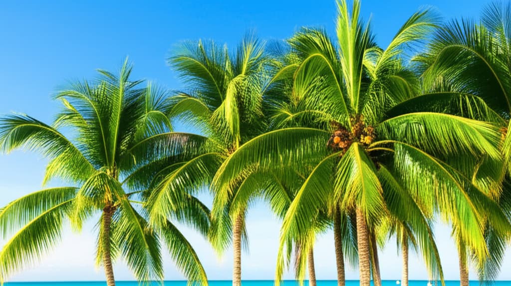A group of tall, vibrant green coconut palms with visible coconuts, standing against a clear blue sky on a tropical beach.