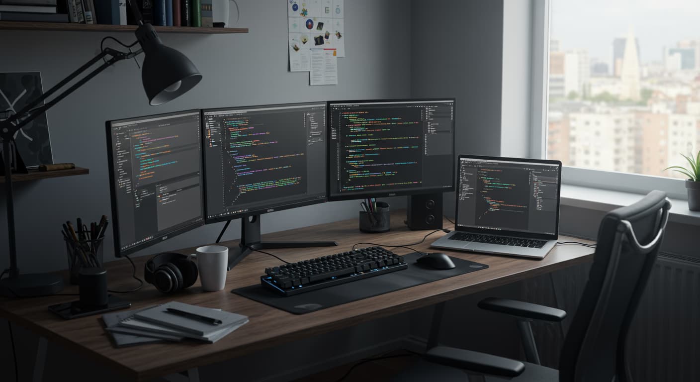 Coding workspace with multiple monitors showing programming code and development tools