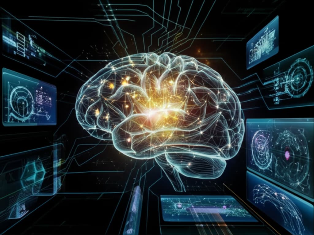Realistic image showcasing the intricate visual concepts of cognitive computing, featuring luminous neural networks, flowing data streams, and abstract representations of AI, machine learning, and intelligent systems.