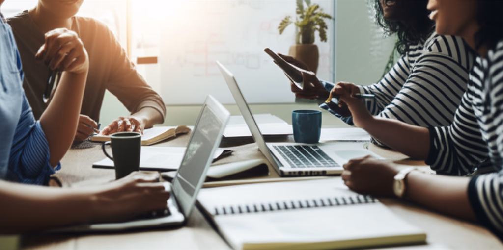 Diverse group of students actively engaged in collaborative learning, working together on a project, sharing ideas, and discussing solutions in a modern study environment.