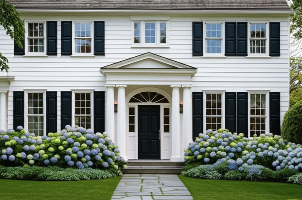 A beautiful classic white colonial home with black shutters, symmetrical windows, and a prominent front entrance, surrounded by lush green landscaping.