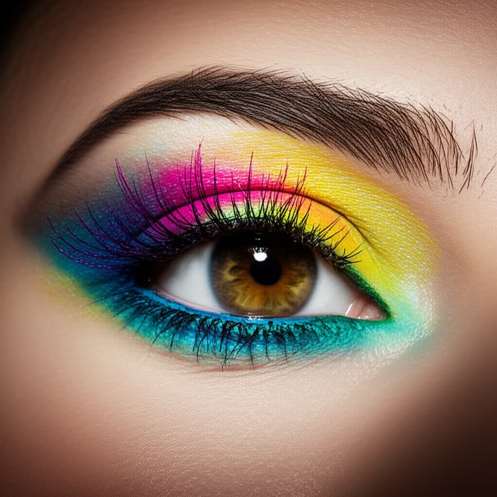 Close-up of a woman's eye with artistic and vibrant multi-colored eyeliner designs, showcasing detailed makeup application.