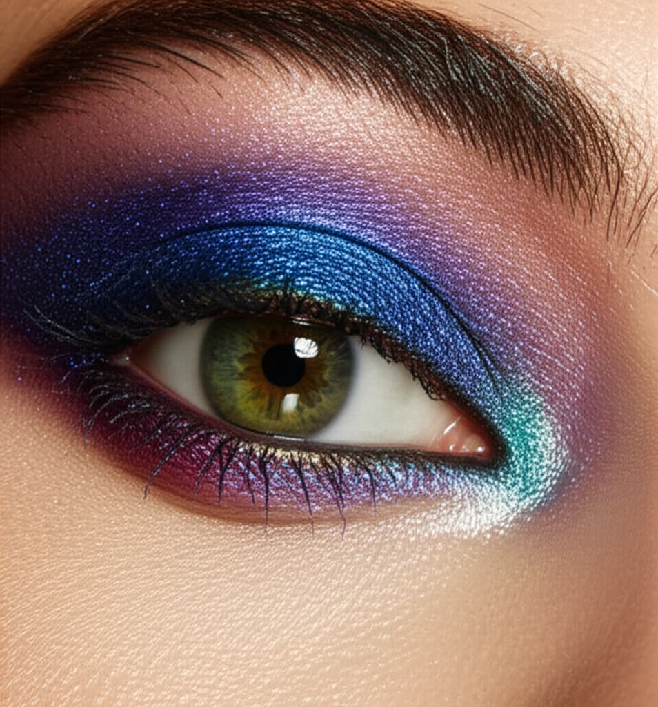 Close-up of a model's eye featuring a beautifully blended, vibrant colorful eyeshadow design with intricate details and natural skin texture, showcasing a bold makeup look.