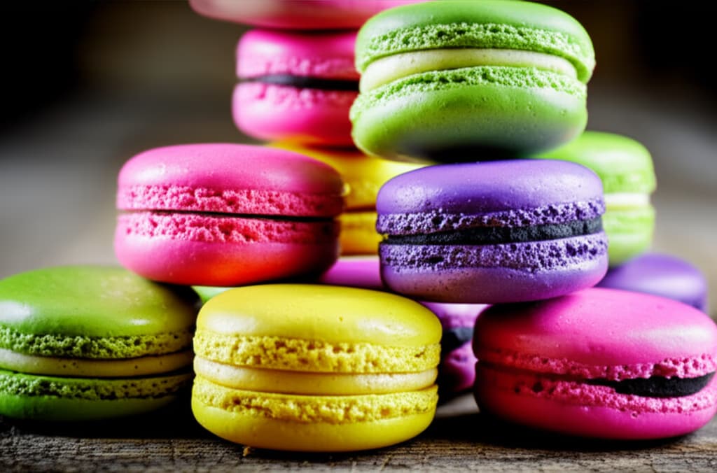 An assortment of vibrant and colorful macarons in various flavors, perfectly arranged on a clean surface, showcasing their delicate texture and inviting appearance.