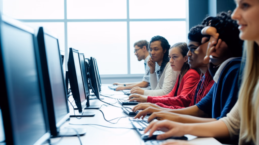 Students actively engaged in a modern computer class, learning digital skills on desktop computers in a well-lit classroom.