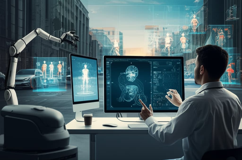 Image depicting various real-world computer vision examples, including object detection in smart cities, AI-assisted medical imaging, and robotic automation