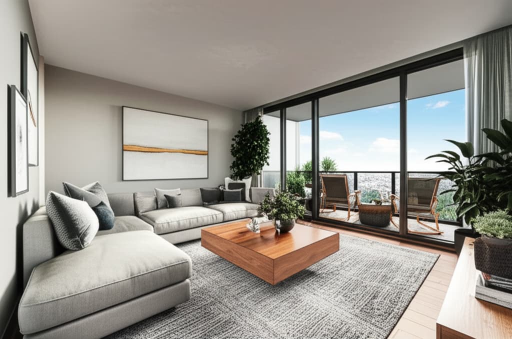 A modern and stylish condominium living room with comfortable sofa, natural light, contemporary furniture, and elegant decor.