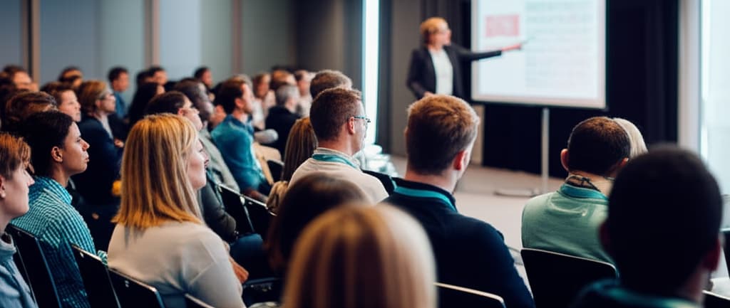 A diverse audience of professionals attending an educational conference session, actively engaged with a speaker presenting on a large screen, symbolizing professional development and collaborative learning.