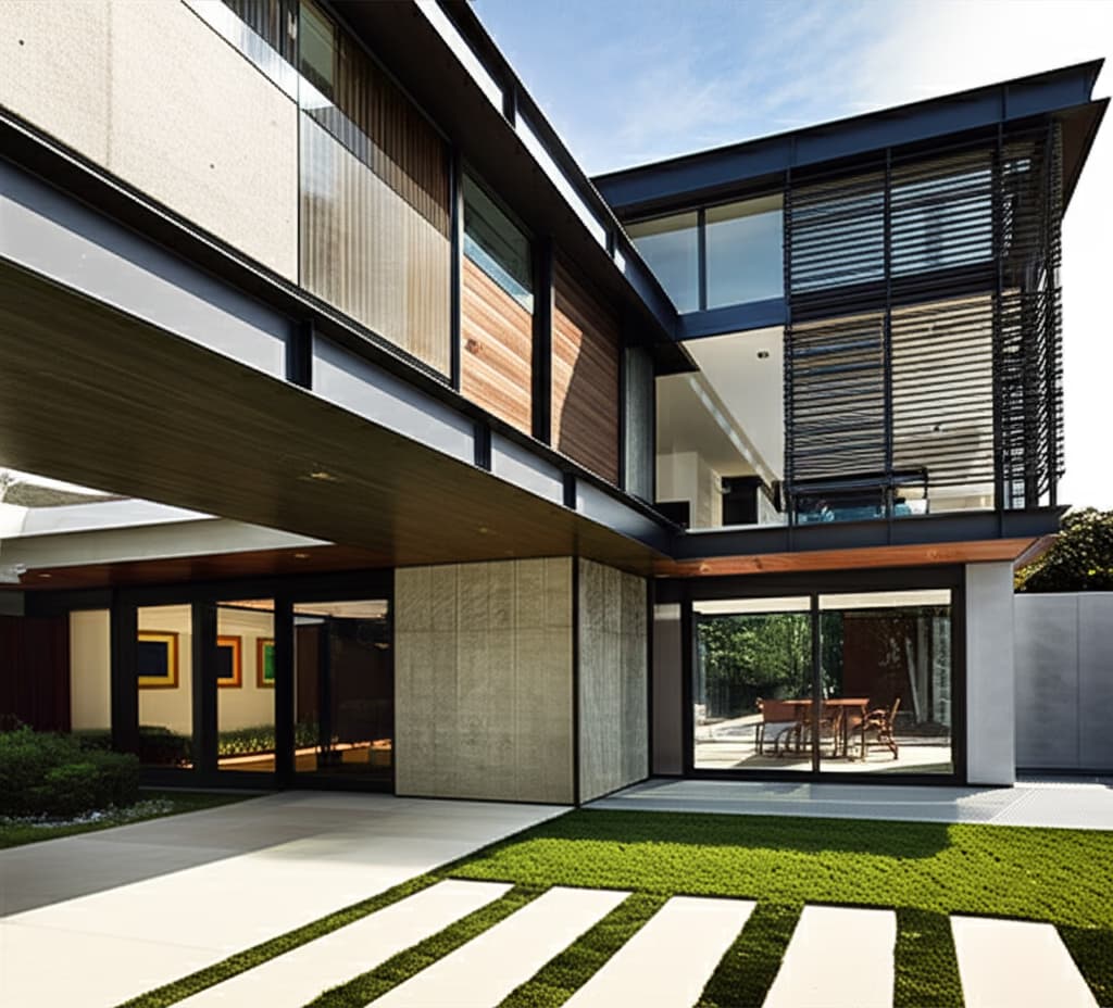 Stunning contemporary home architecture featuring sleek lines, large windows, and modern minimalist design, set amidst a beautifully landscaped natural environment.