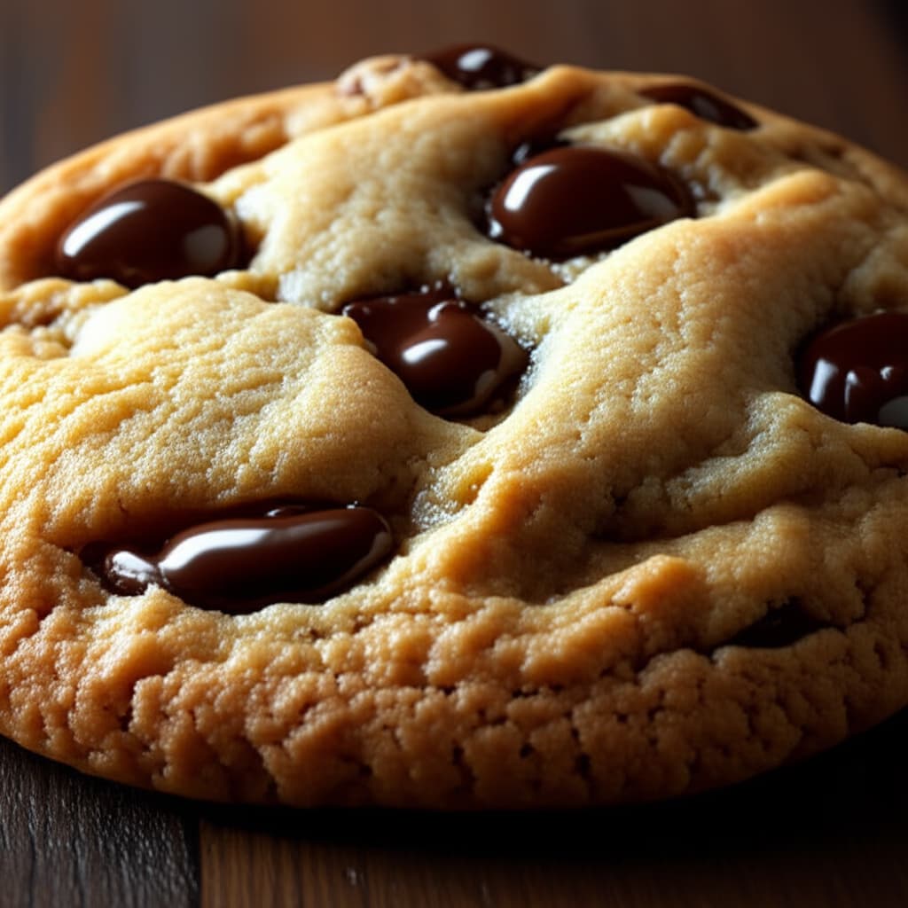 A stack of warm, golden-brown chocolate chip cookies with visible melted chocolate chips, resting on a white cooling rack, with a blurred kitchen background.