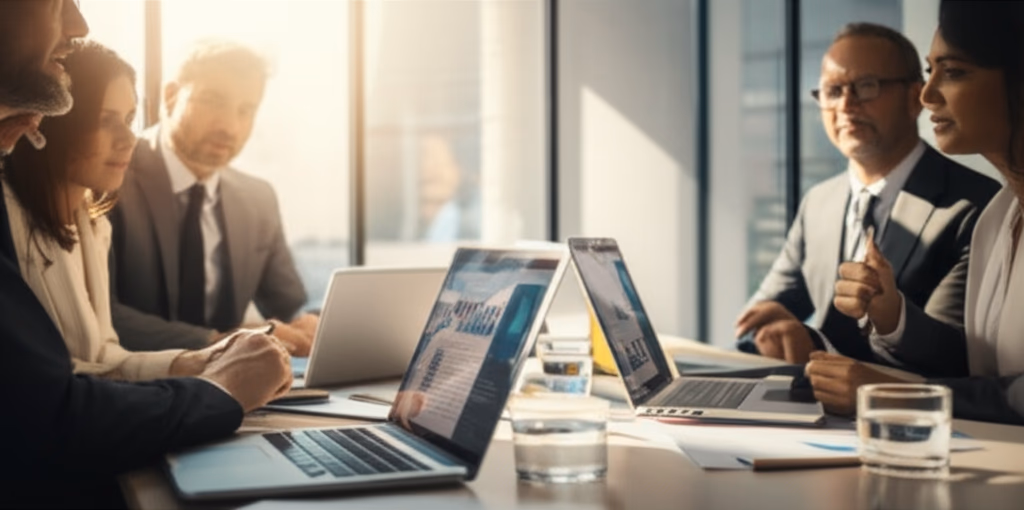 A diverse group of business professionals engaged in a strategic corporate meeting in a modern conference room, discussing ideas and collaborating on laptops and documents.