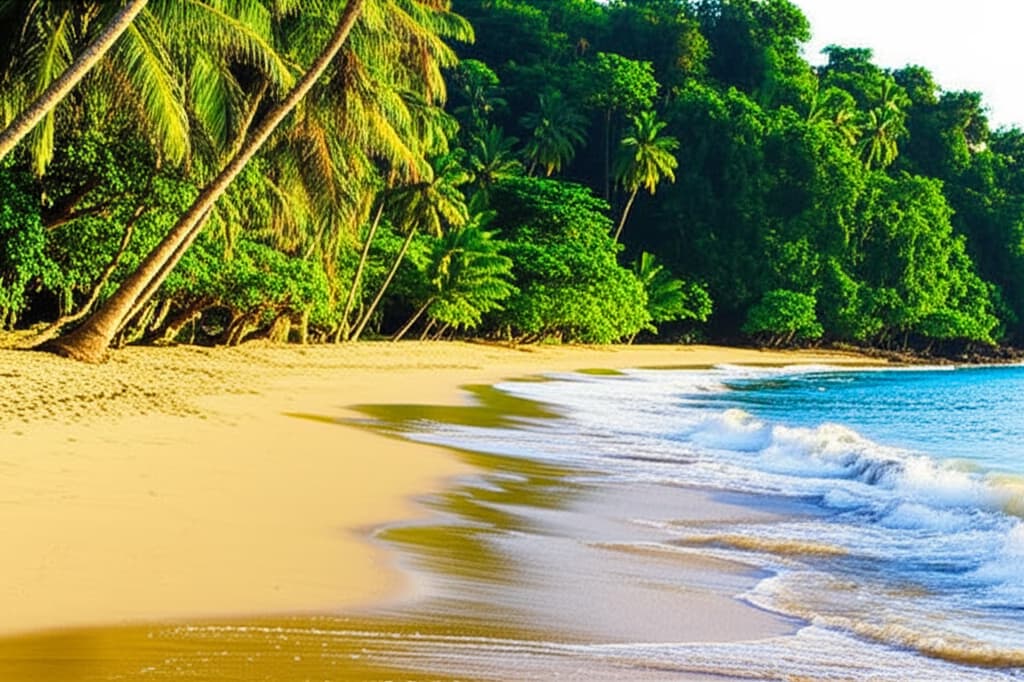 Stunning natural view of a secluded Costa Rica beach with golden sand, crystal-clear turquoise ocean, and lush green tropical rainforest vegetation under a bright, sunny sky.