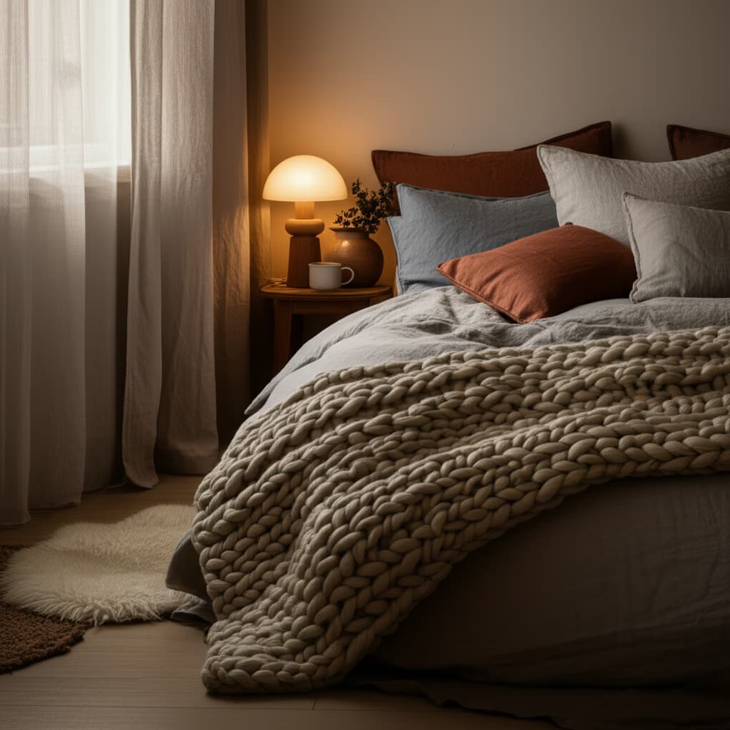 A realistic image of a cozy bedroom with soft lighting, plush bedding, natural wood furniture, and warm neutral colors, optimized for cozy decor inspiration.