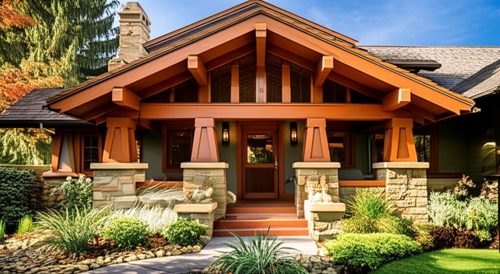 Detailed exterior of a classic Craftsman style home featuring a wide front porch, tapered columns, natural stone foundation, and rich wood accents under warm sunlight.