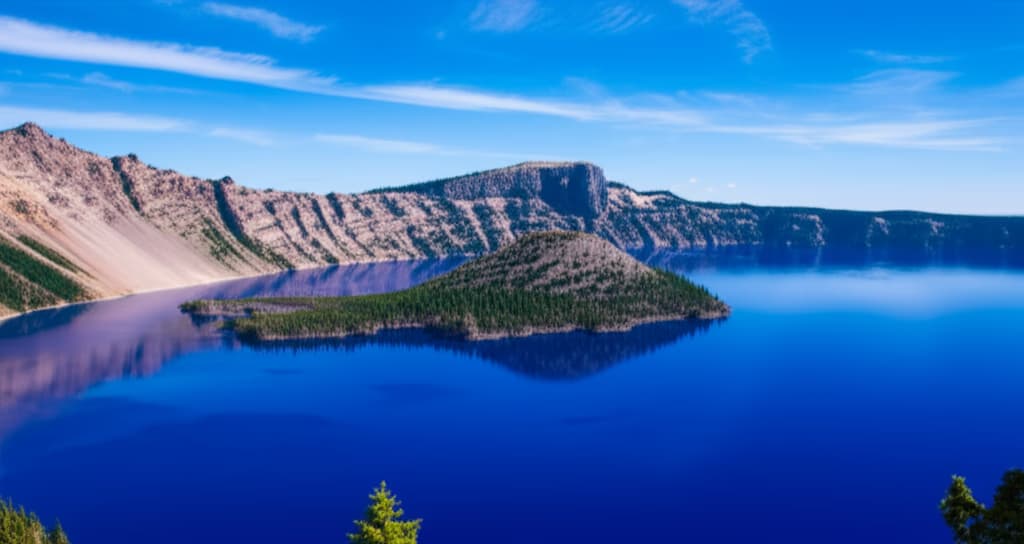 Panoramic view of Crater Lake in Oregon, featuring its incredibly deep blue water, the volcanic caldera, and the prominent forested Wizard Island under a clear sky. A natural, high-resolution landscape photograph.
