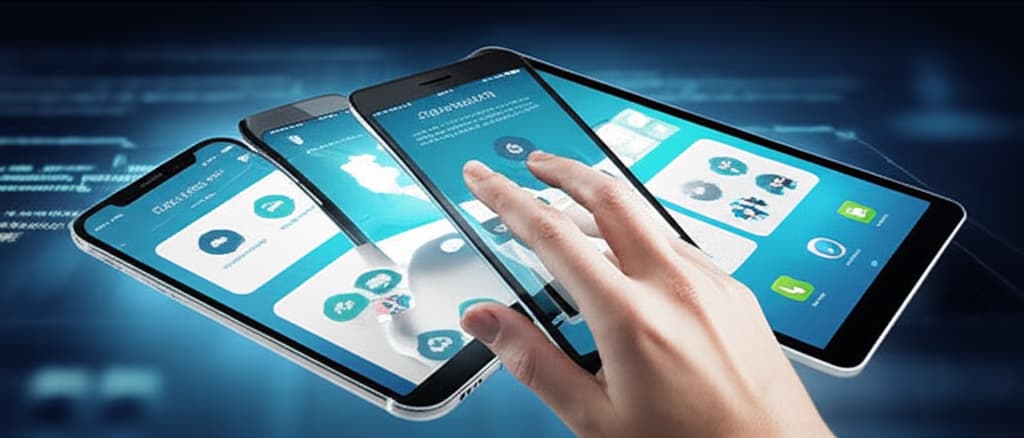 An ultra-realistic image showcasing a single mobile application's interface displayed across a modern iPhone, an Android smartphone, and a tablet, highlighting cross-platform compatibility. A user's hand interacts with a device, with subtle background elements representing code or cloud connectivity. The image emphasizes seamless user experience and efficient development across iOS and Android operating systems.
