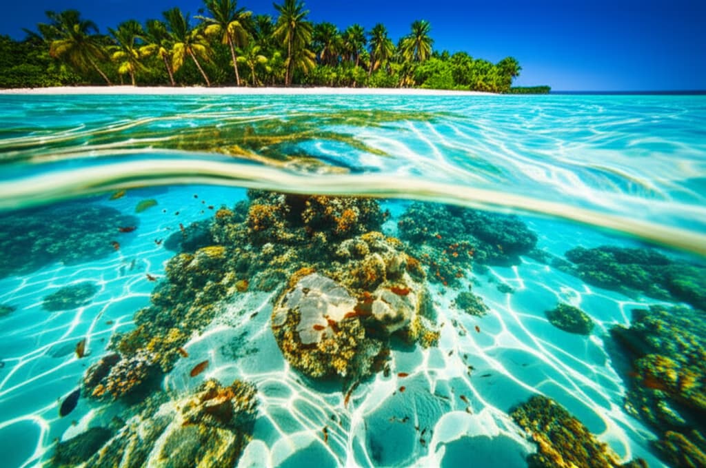 Stunning close-up of a tranquil tropical beach with incredibly crystal clear turquoise water revealing a sandy seabed and small fish, bathed in natural sunlight.