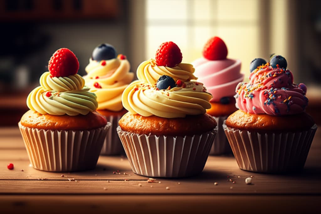 High-quality image featuring an assortment of delicious gourmet cupcakes with vibrant frosting and detailed decorations, perfect for dessert lovers and bakeries.
