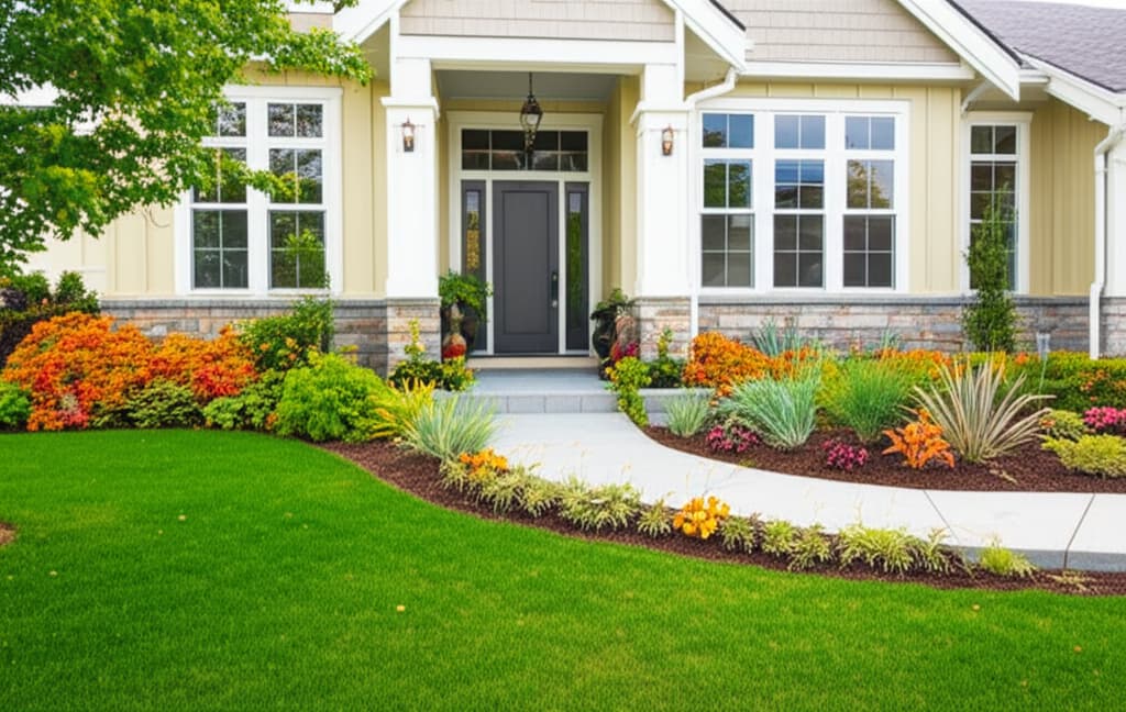 A beautifully updated home exterior featuring vibrant landscaping, a manicured lawn, and a welcoming porch, demonstrating successful curb appeal improvements.