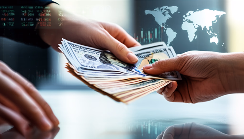 Close-up of hands exchanging international currency notes on a table, with blurred digital screens showing exchange rates in the background, symbolizing global money exchange and financial transactions.