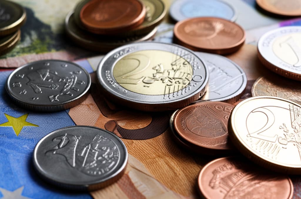 Close-up view of various international banknotes and coins, showcasing intricate details and textures, representing global currency and economic value.