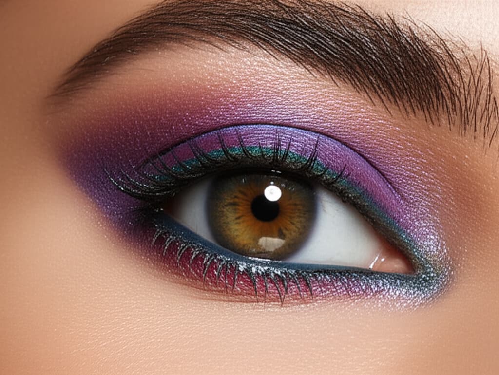 Detailed macro shot of a natural cut crease eyeshadow application, showcasing a beautifully blended eye makeup look with a crisp crease line, ideal for a realistic beauty guide.