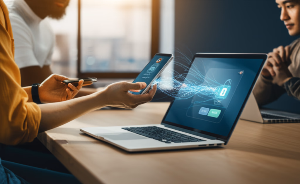 Image illustrating cybersecurity awareness, showing individuals safeguarding digital data and preventing cyber threats with a secure network icon.