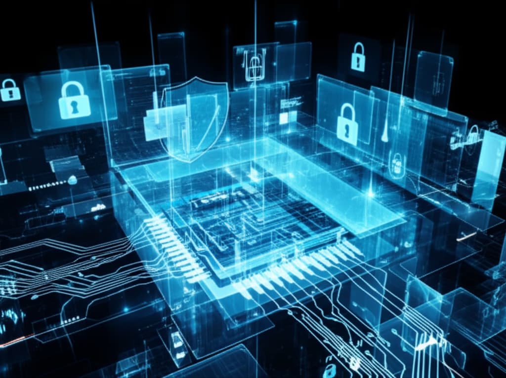 Ultra-realistic image illustrating a robust cybersecurity framework with glowing network pathways, secure data servers, and intricate digital defense layers, showcasing advanced data protection and network security.