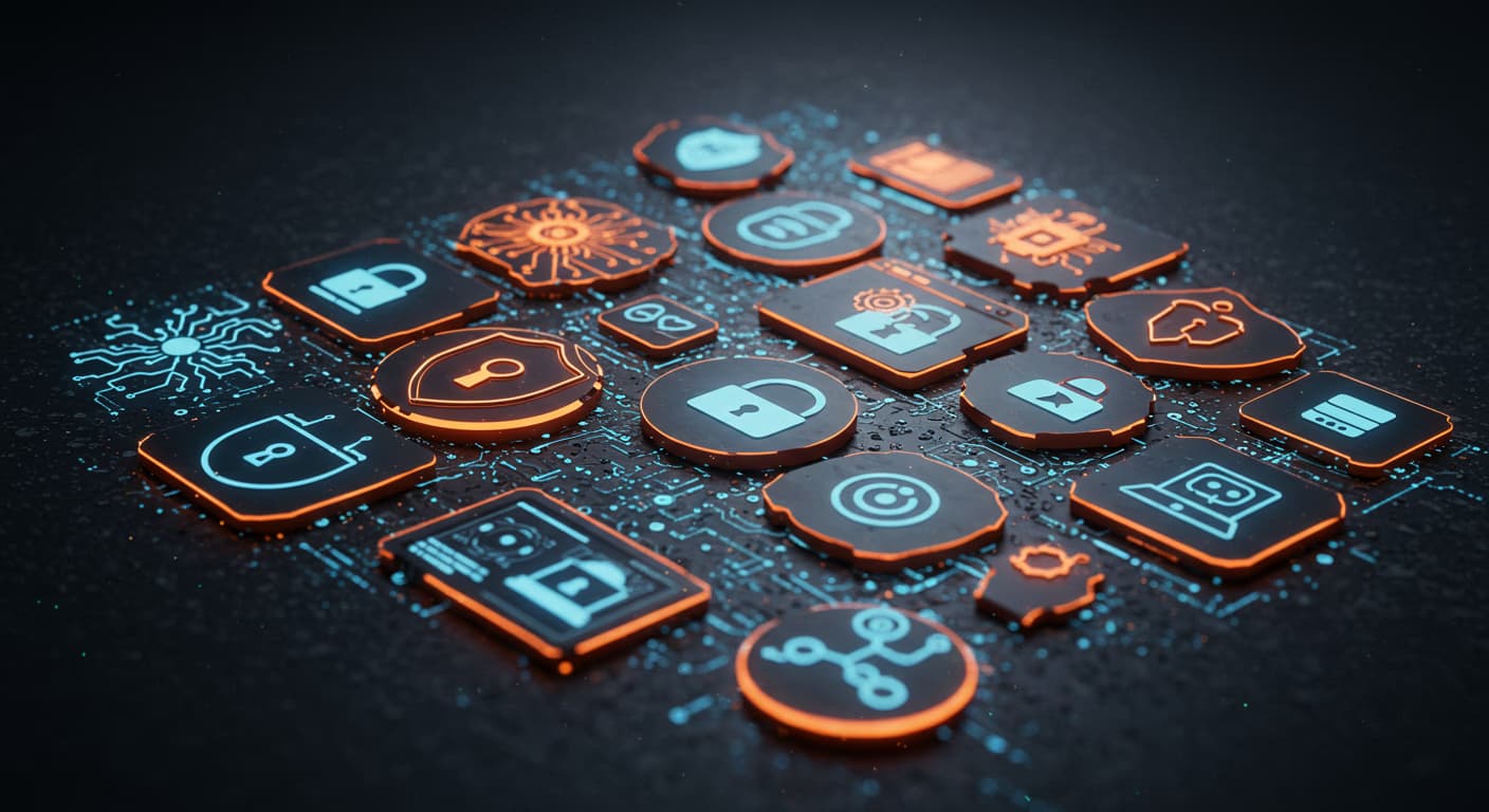 Cybersecurity icons showing shield, lock, and digital protection symbols