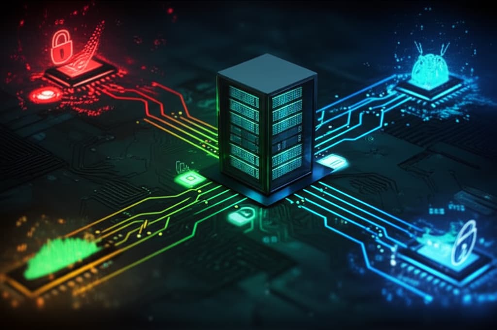 Diagram illustrating various cybersecurity threats including ransomware, phishing, malware, DDoS, and data breaches, showing interconnected digital vulnerabilities.