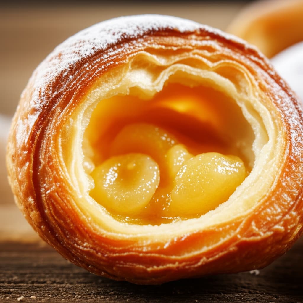 Close-up of a golden-brown, flaky Danish pastry with fruit filling and powdered sugar, a mouth-watering and realistic image.