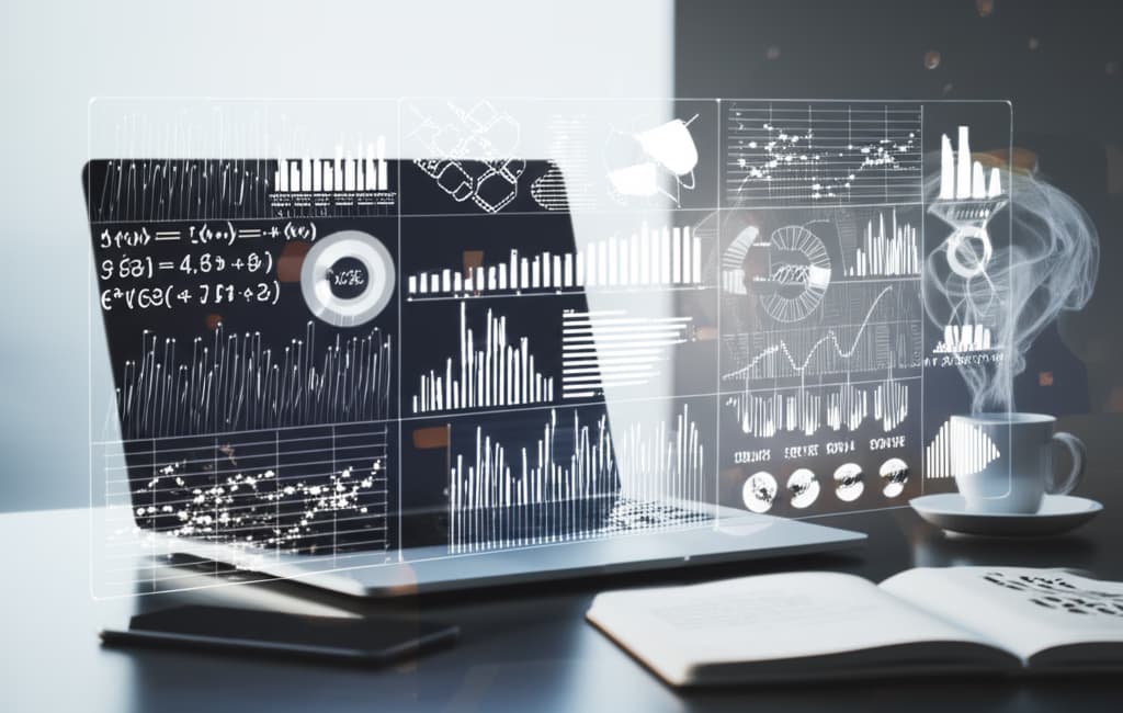 A highly detailed data science infographic displayed on a modern screen, showcasing various charts, graphs, and data visualizations related to machine learning, big data analysis, and predictive analytics in a realistic office setting.