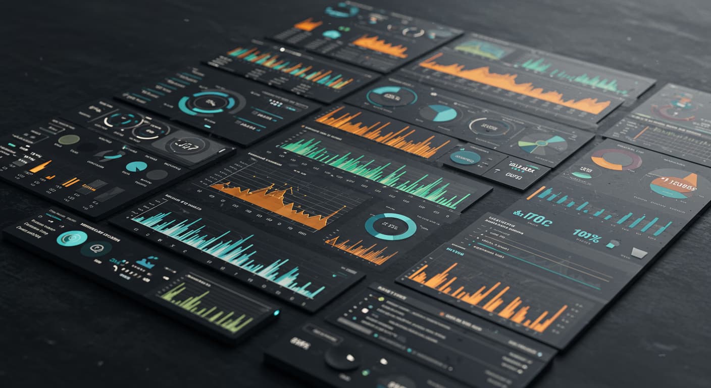 Data visualization dashboard showing colorful charts, graphs, and analytics information